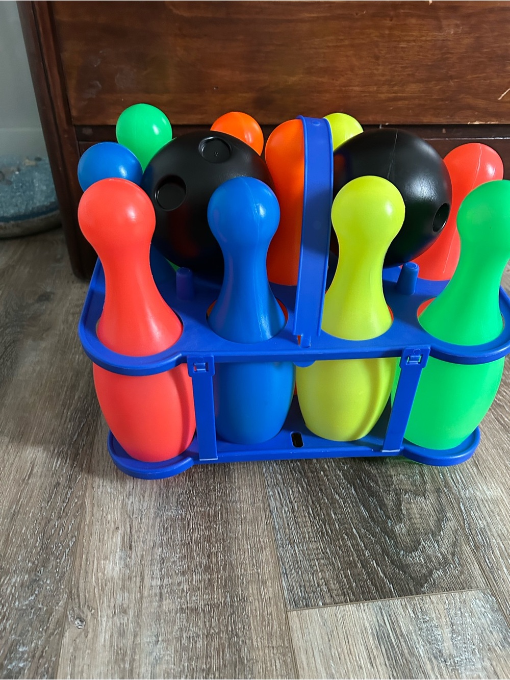 Kids Colorful 9 pin Bowling Set - Multicolor Pins and Blue Carrier